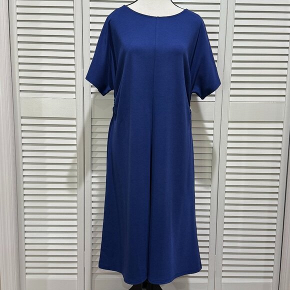 Chico's Dresses & Skirts - Chico’s Blue Short-Sleeve Cinched Midi Dress – Size 2 (Large)